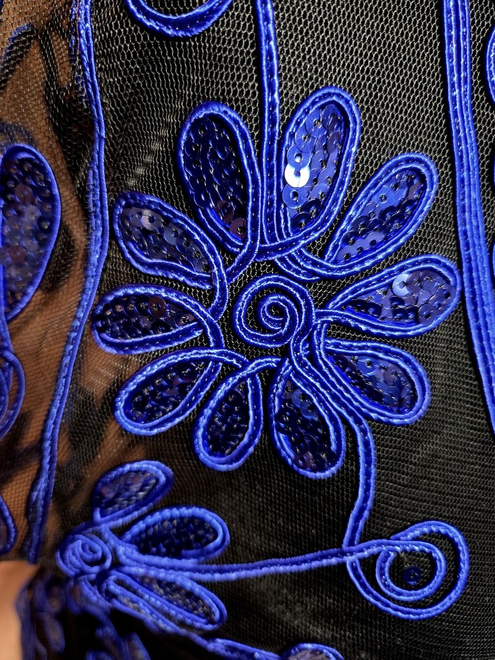 Sheer Floral Embroidered V-Neck Blouse Cobalt Blue Floral With Black Mesh - Picture 7 of 10